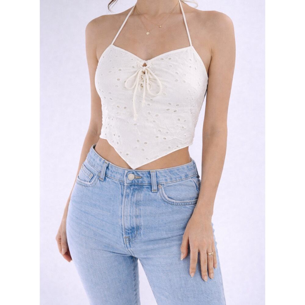 White Eyelet Halter Crop Top – Lace Tie Front Handkerchief Hem Camisole Size XS